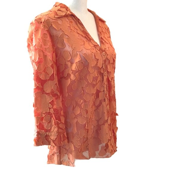 Multiples Tangerine Brocade Button Up Sheer Top 3D Applique Flowers Size Medium - Picture 3 of 9
